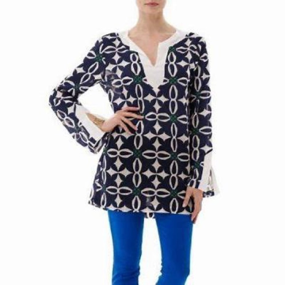 Michael Stars | Navy/White Voile Tile Flower Print V-Neck Pullover Tunic Small